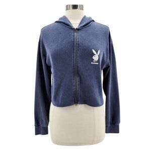Playboy Pacsun Womens Medium Hoodie Playboy Bunny Logo Cropped Zipper Blue